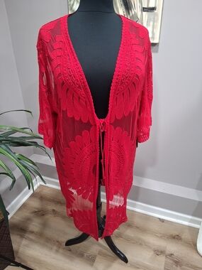 Red Crochet Tie-Front Swim Cover-Up Kimono